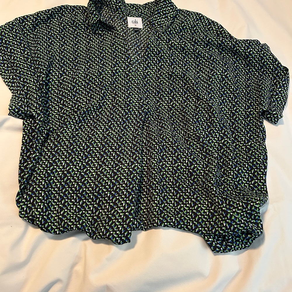 CAbi Black and Green Replay Patterned Blouse